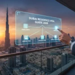 A futuristic digital interface showing Dubai Residence Visa options for 2026, including Freelance, Green, and Family visas, set against the Dubai skyline.