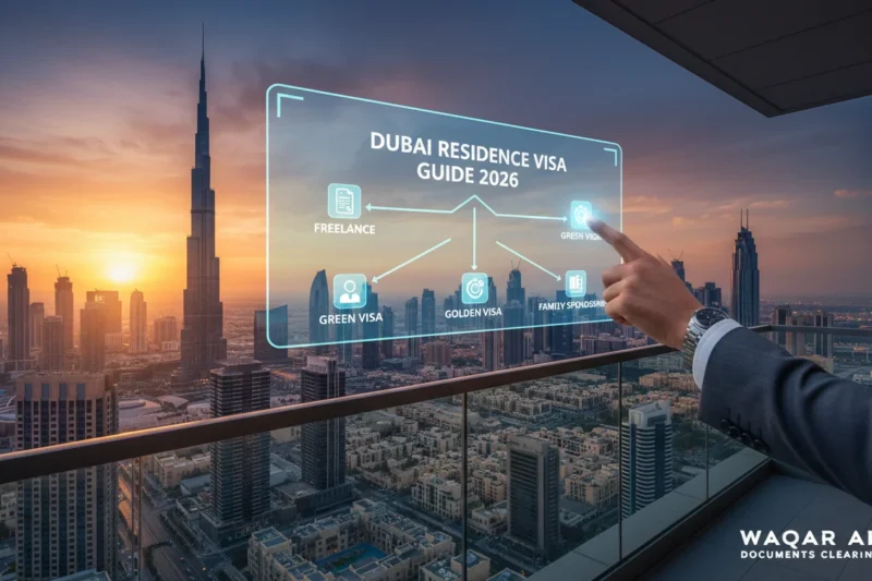 A futuristic digital interface showing Dubai Residence Visa options for 2026, including Freelance, Green, and Family visas, set against the Dubai skyline.