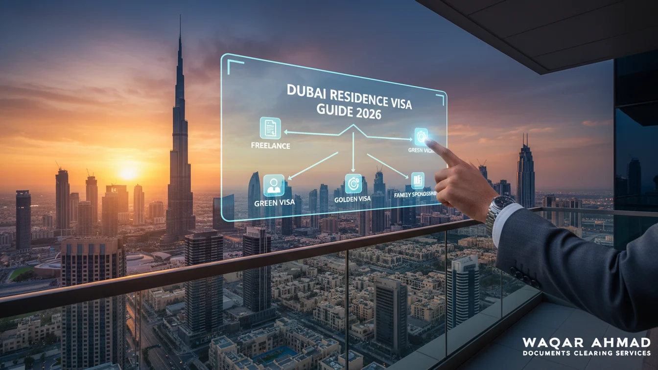 A futuristic digital interface showing Dubai Residence Visa options for 2026, including Freelance, Green, and Family visas, set against the Dubai skyline.