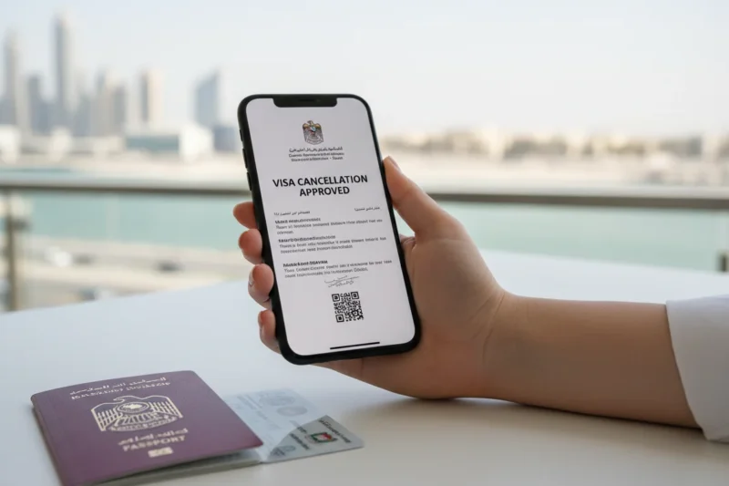 A digital visa cancellation paper on a smartphone screen with a Dubai passport and Emirates ID on a desk.