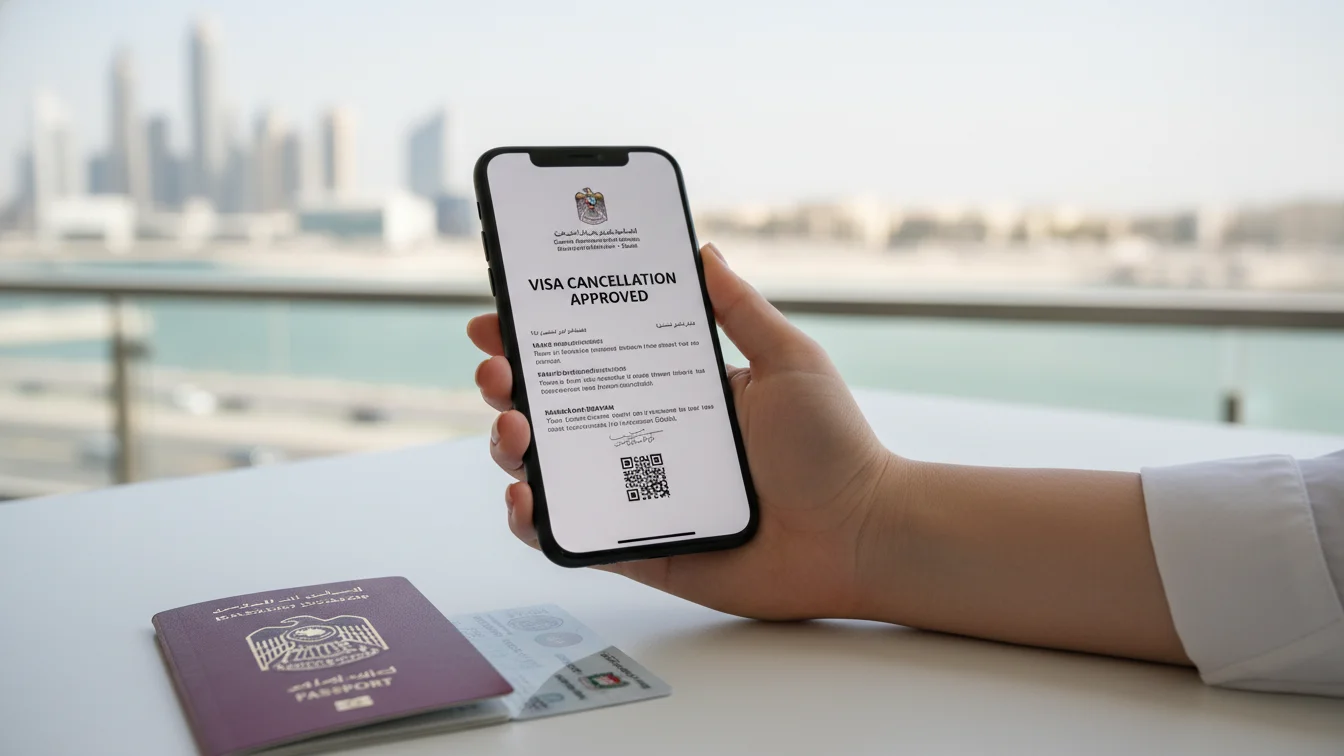 A digital visa cancellation paper on a smartphone screen with a Dubai passport and Emirates ID on a desk.