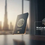 A professional workspace in Dubai showing a laptop screen with a green Visa Status Changed notification and the UAE gold seal, representing an in-country visa chan