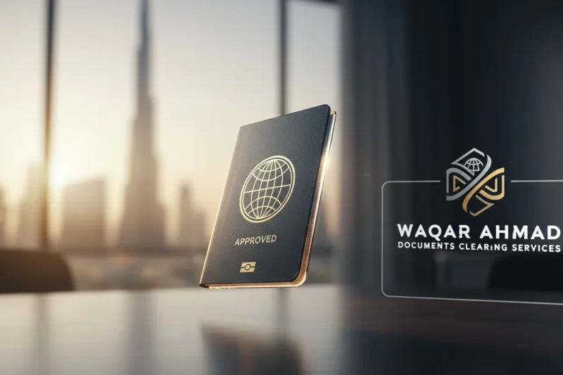 A professional workspace in Dubai showing a laptop screen with a green Visa Status Changed notification and the UAE gold seal, representing an in-country visa chan