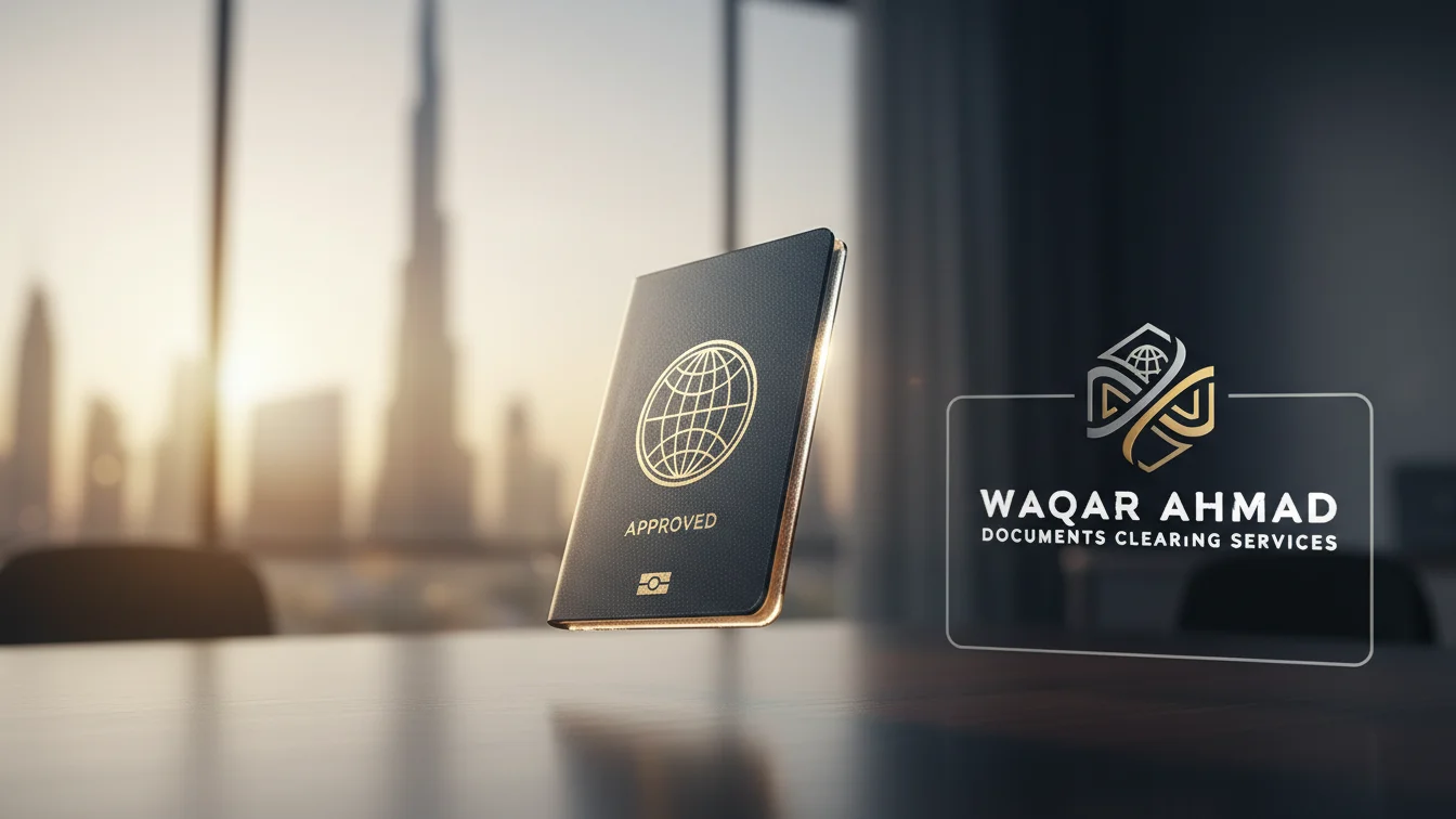 A professional workspace in Dubai showing a laptop screen with a green Visa Status Changed notification and the UAE gold seal, representing an in-country visa chan